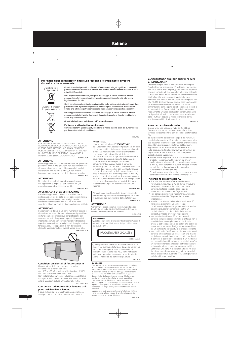 Slim micro system, Italiano, Prodotto laser di classe 1 | Pioneer X-SMC55-S User Manual | Page 18 / 32