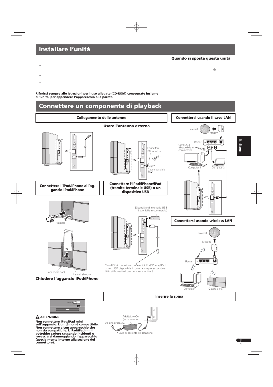 Usare l’antenna esterna, Chiudere l’aggancio ipod/iphone, Quando si sposta questa unità | Pioneer X-SMC55-S User Manual | Page 19 / 32