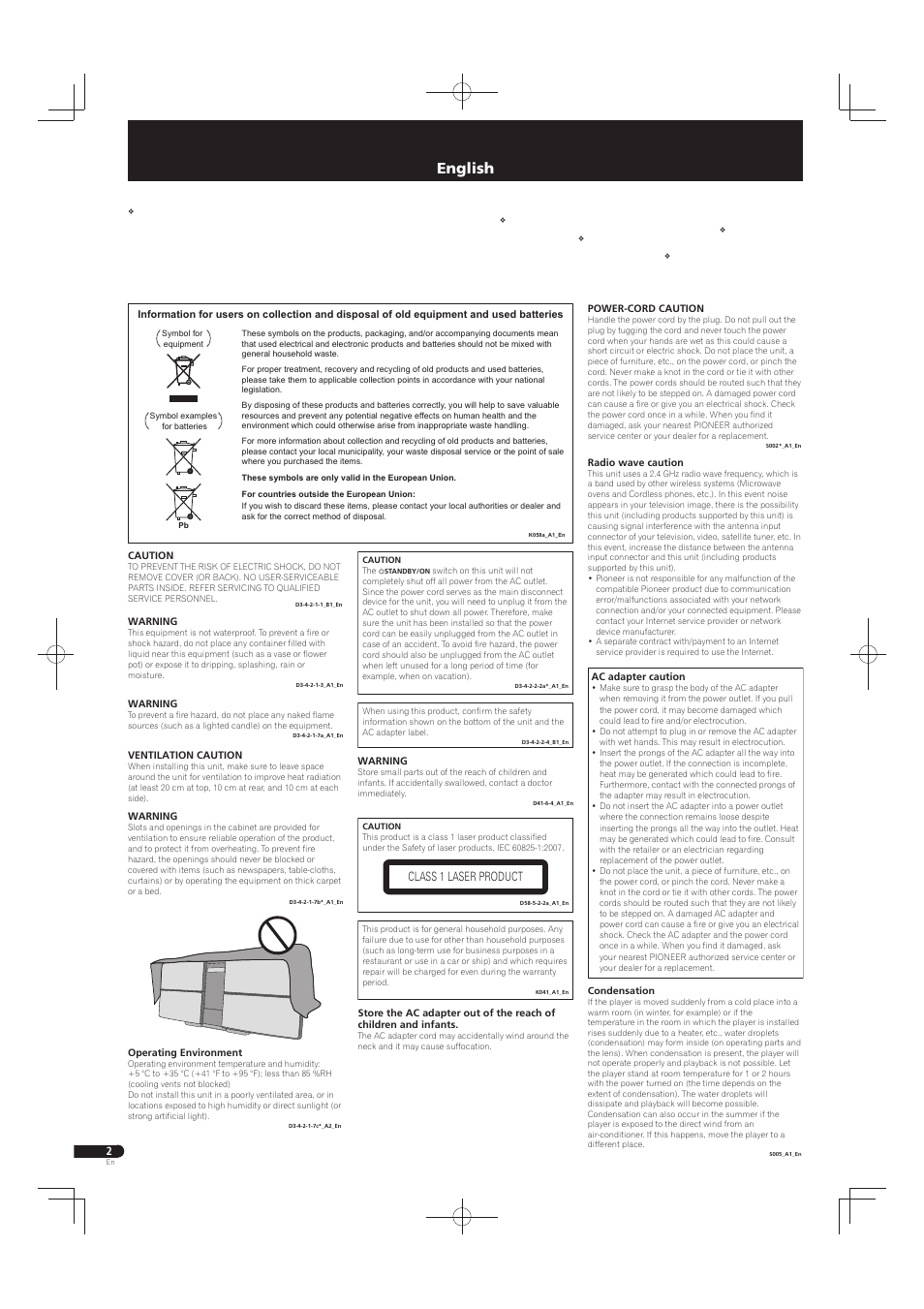 Slim micro system, English, Class 1 laser product | Pioneer X-SMC55-S User Manual | Page 2 / 32