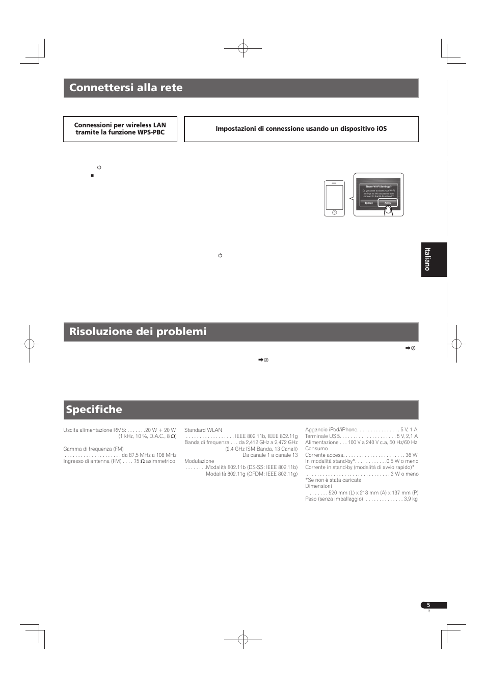 Connettersi alla rete risoluzione dei problemi, Specifi che | Pioneer X-SMC55-S User Manual | Page 21 / 32