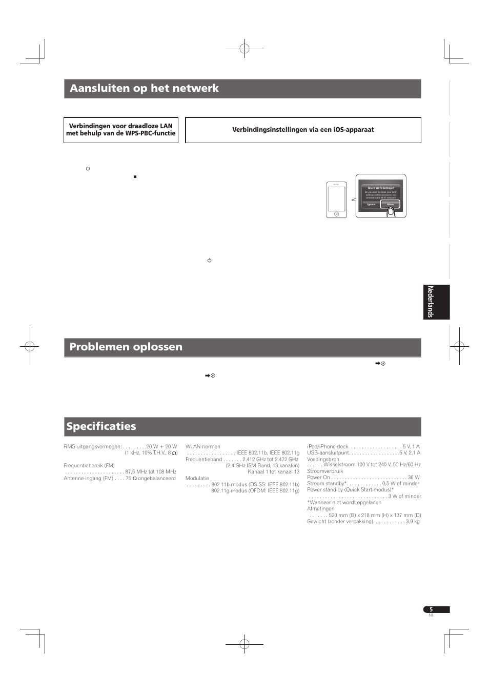 Aansluiten op het netwerk problemen oplossen, Specifi caties | Pioneer X-SMC55-S User Manual | Page 25 / 32