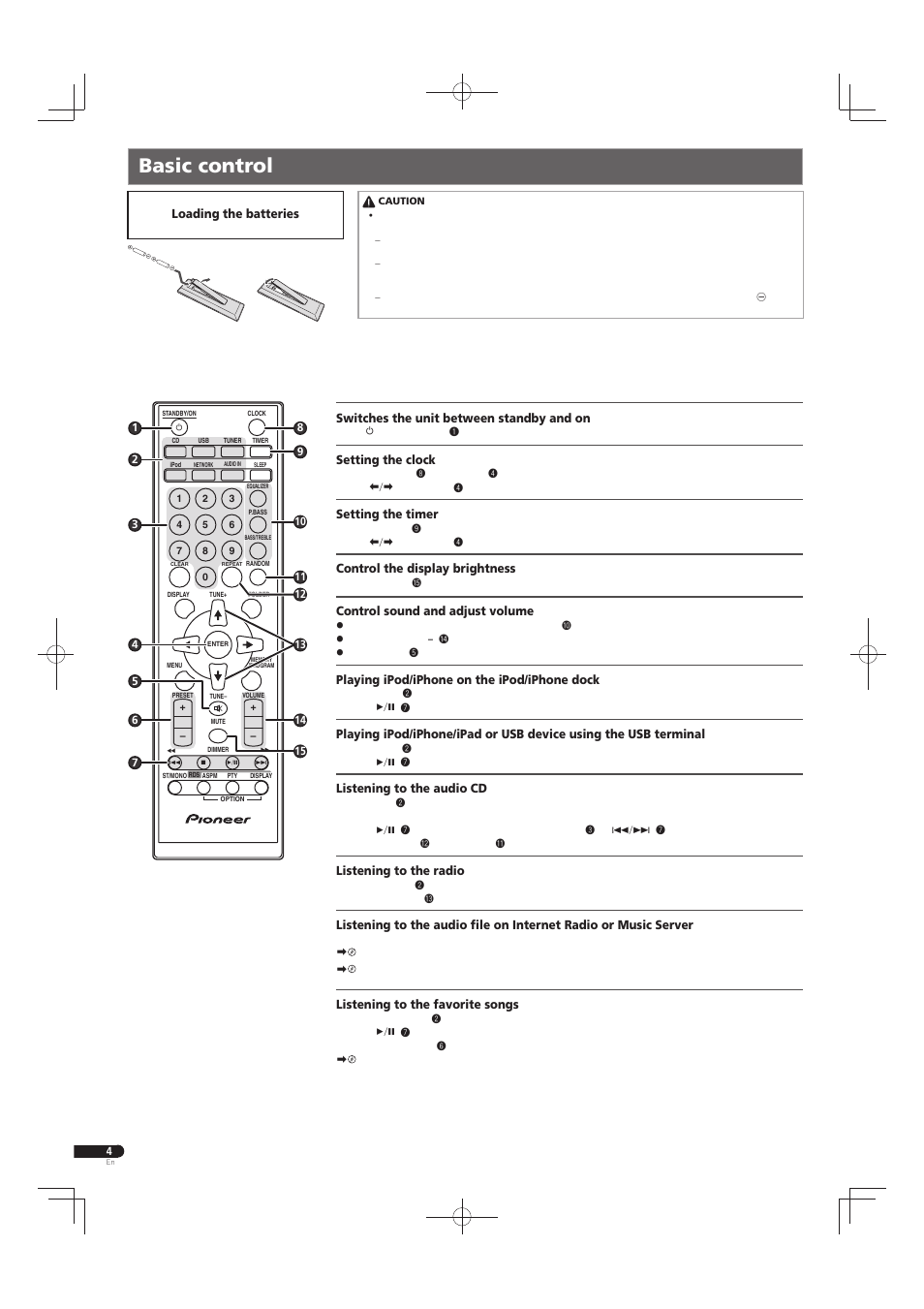 Basic control, Switches the unit between standby and on, Setting the clock | Setting the timer, Control the display brightness, Control sound and adjust volume, Playing ipod/iphone on the ipod/iphone dock, Listening to the audio cd, Listening to the radio, Listening to the favorite songs | Pioneer X-SMC55-S User Manual | Page 4 / 32