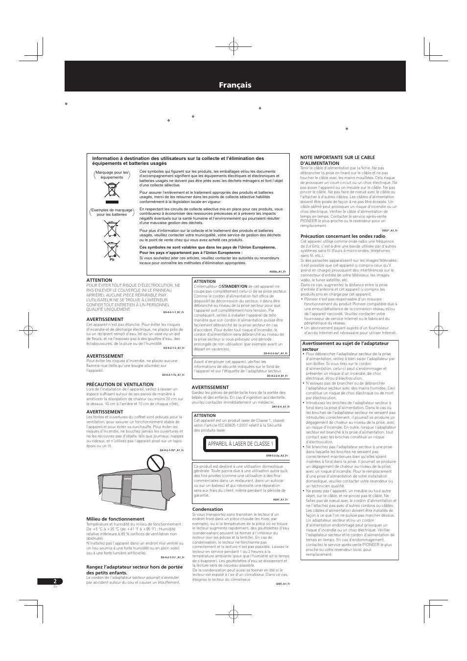 Système compact, Français, Appareil à laser de classe 1 | Pioneer X-SMC55-S User Manual | Page 6 / 32