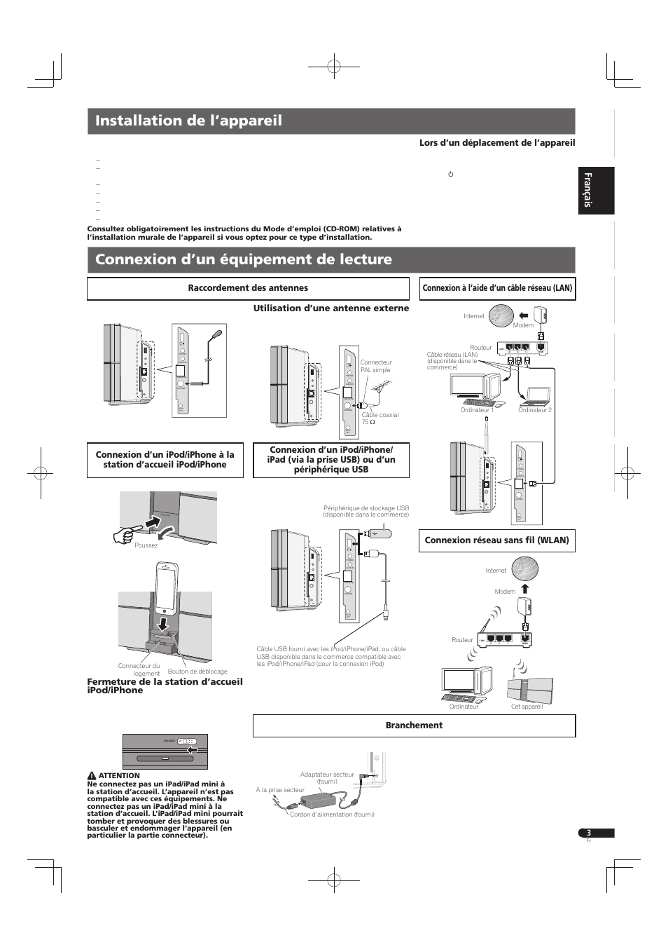 Utilisation d’une antenne externe, Fermeture de la station d’accueil ipod/iphone, Lors d’un déplacement de l’appareil | Pioneer X-SMC55-S User Manual | Page 7 / 32