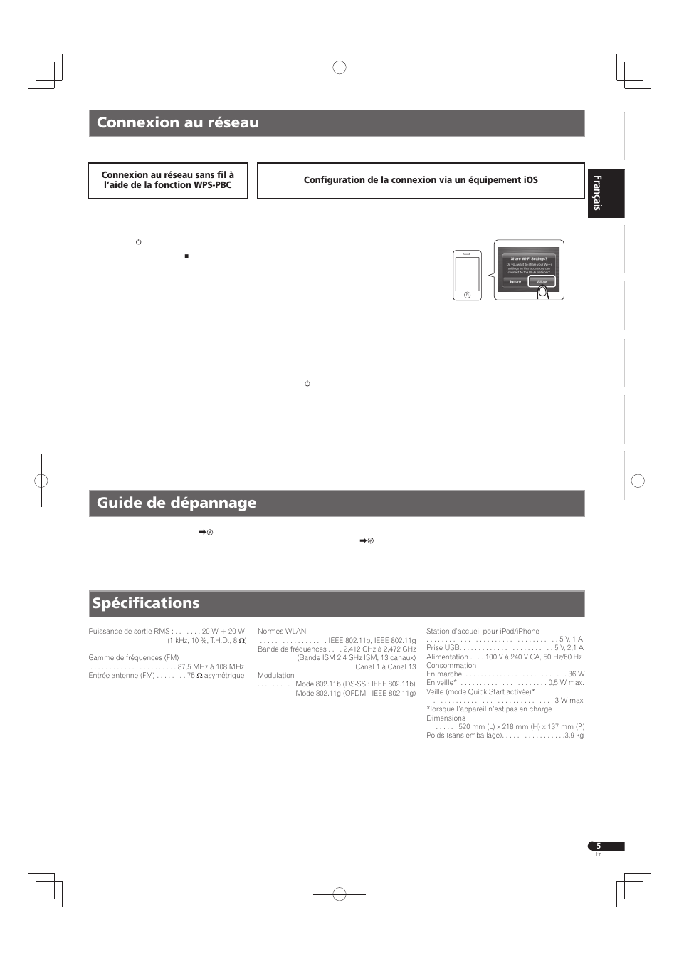 Connexion au réseau guide de dépannage, Spécifi cations | Pioneer X-SMC55-S User Manual | Page 9 / 32