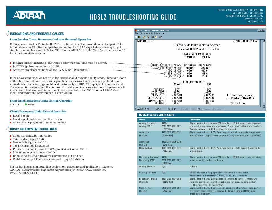 Hdsl2 troubleshooting guide, Indications and probable causes, Hdsl2 deployment guidelines | ADTRAN DDM + H2TU-C User Manual | Page 2 / 2