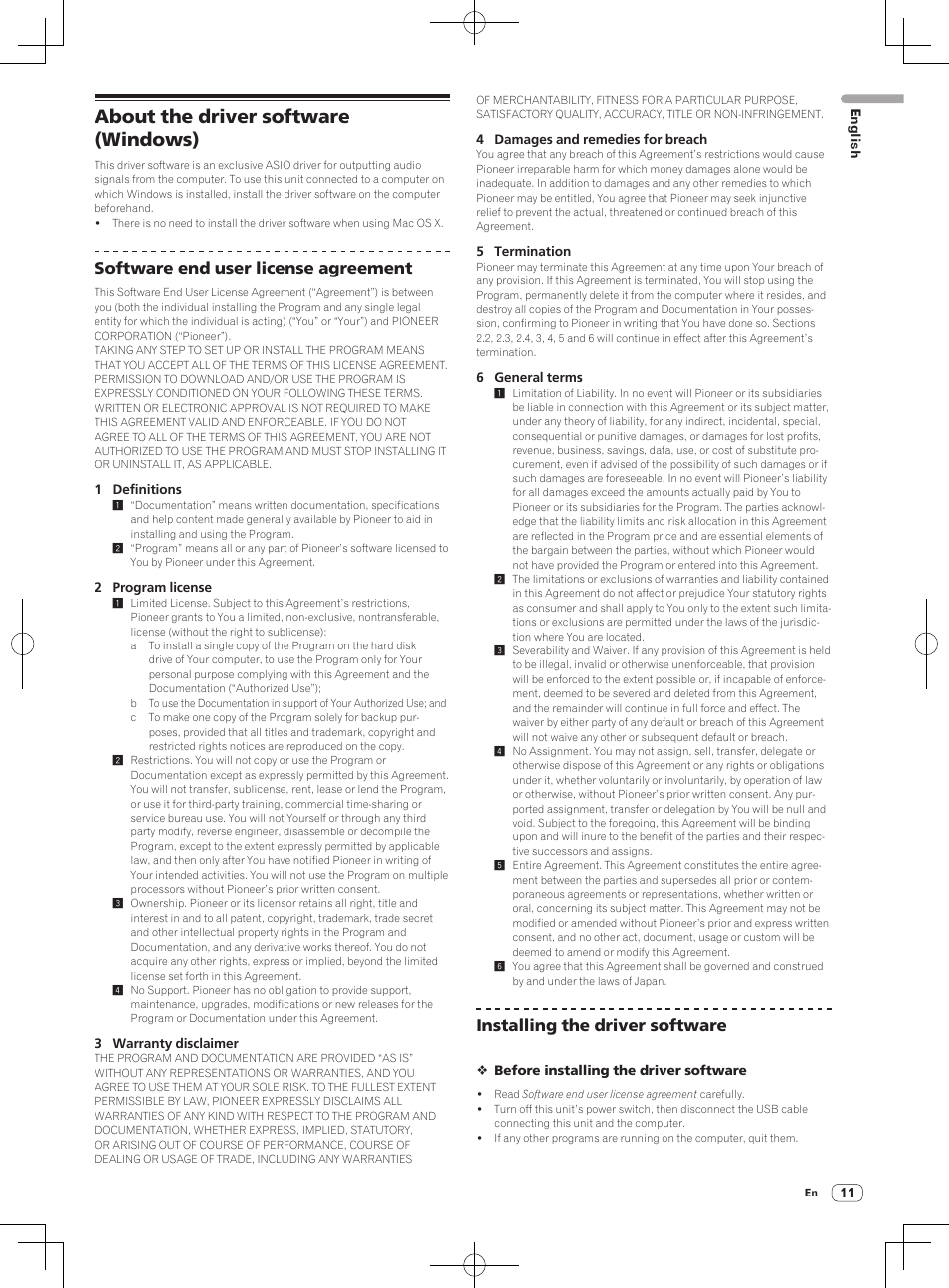 About the driver software (windows), Software end user license agreement, Installing the driver software | Pioneer DDJ-T1 User Manual | Page 11 / 96