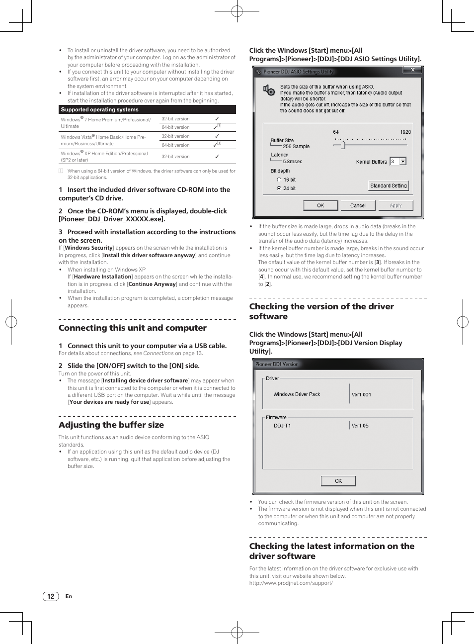 Connecting this unit and computer, Adjusting the buffer size, Checking the version of the driver software | Pioneer DDJ-T1 User Manual | Page 12 / 96