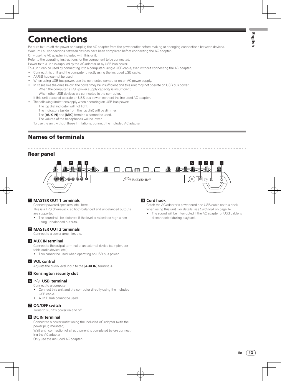 Names of terminals, Connections, Rear panel | English | Pioneer DDJ-T1 User Manual | Page 13 / 96