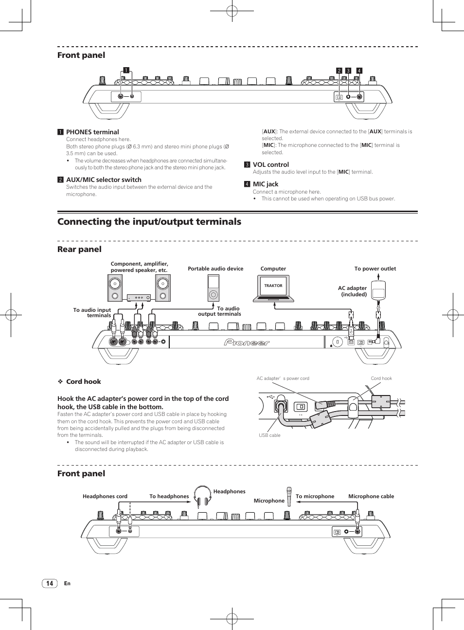 Connecting the input/output terminals, Front panel, Rear panel | 2aux/mic selector switch, 3vol control, 4mic jack | Pioneer DDJ-T1 User Manual | Page 14 / 96