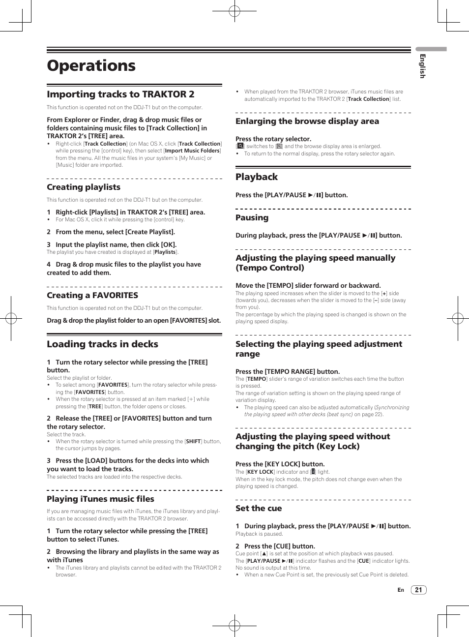 Operations, Importing tracks to traktor 2, Loading tracks in decks | Playback | Pioneer DDJ-T1 User Manual | Page 21 / 96