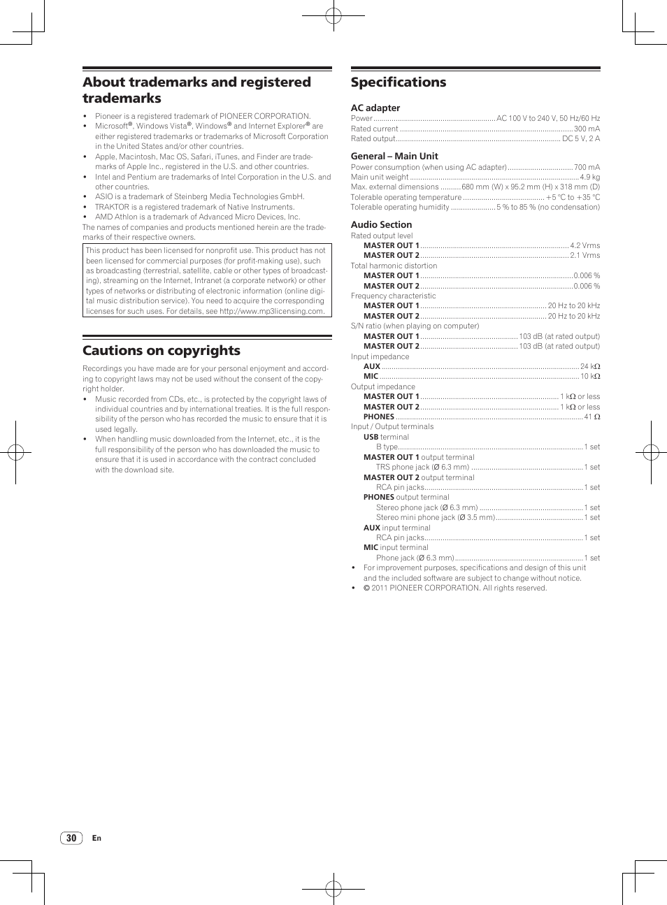 About trademarks and registered trademarks, Cautions on copyrights, Specifications | Pioneer DDJ-T1 User Manual | Page 30 / 96