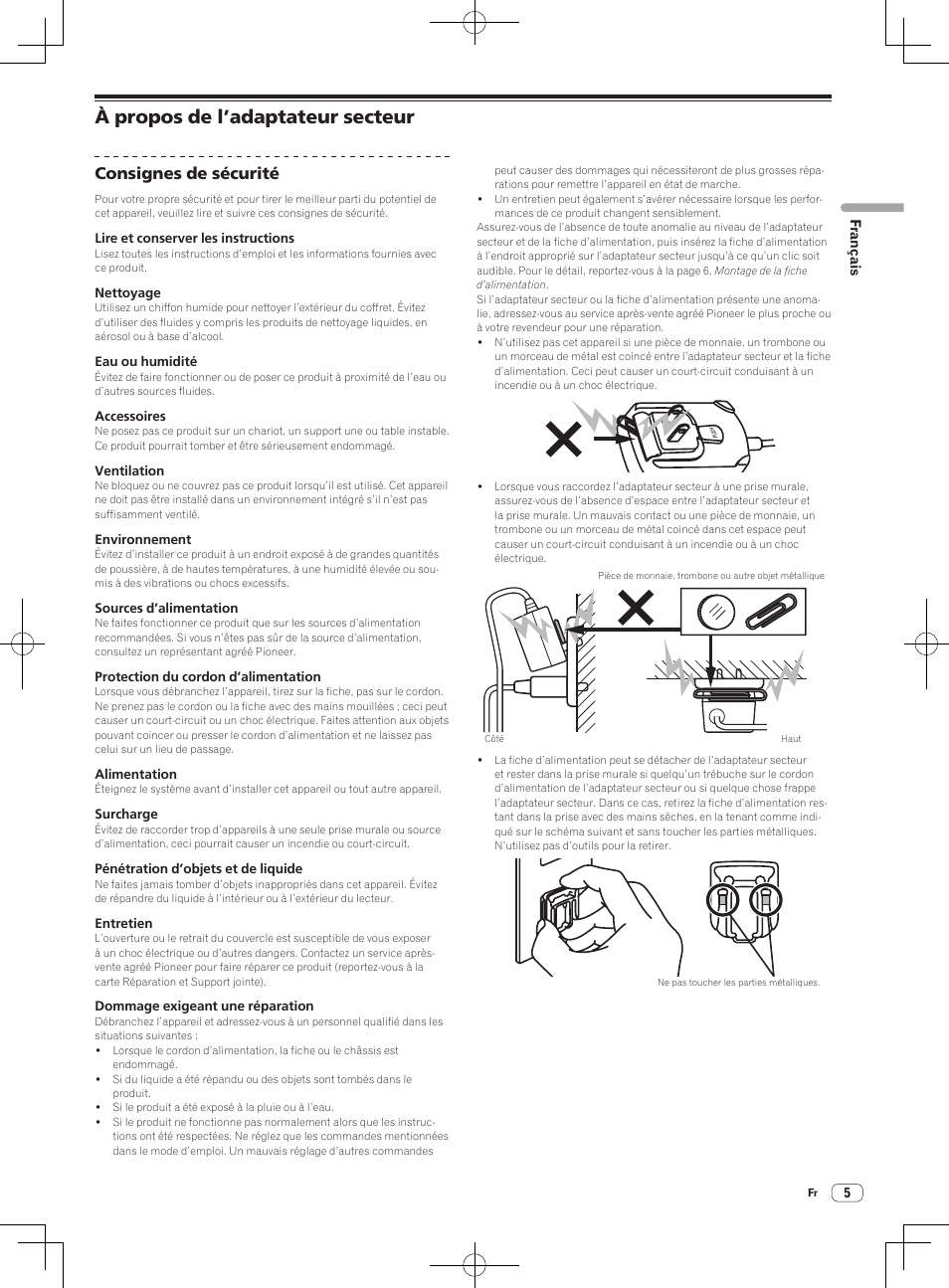 À propos de l’adaptateur secteur, Consignes de sécurité | Pioneer DDJ-T1 User Manual | Page 35 / 96