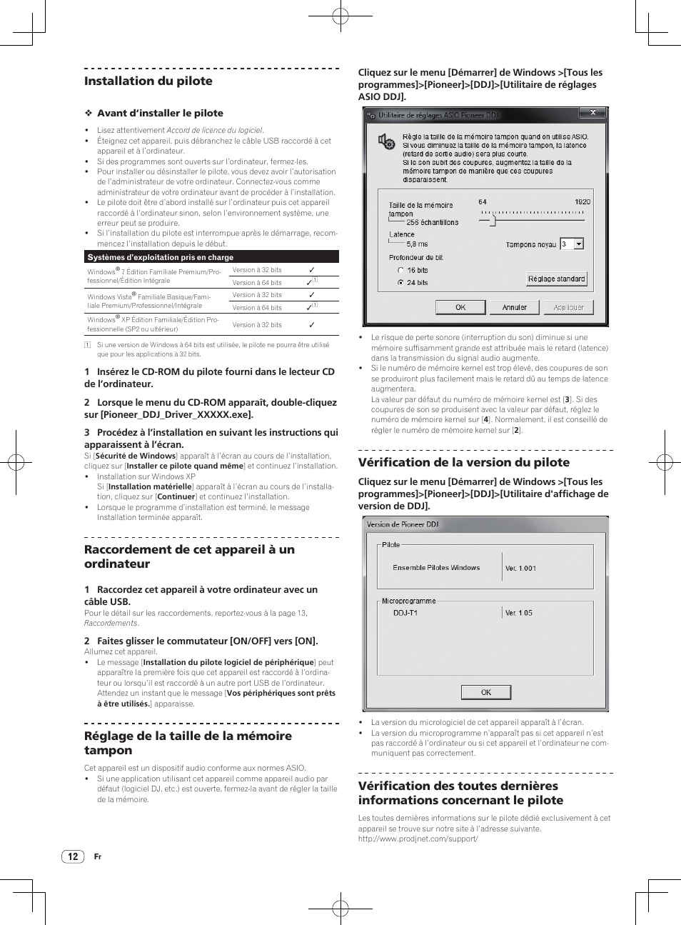 Installation du pilote, Raccordement de cet appareil à un ordinateur, Réglage de la taille de la mémoire tampon | Vérification de la version du pilote | Pioneer DDJ-T1 User Manual | Page 42 / 96