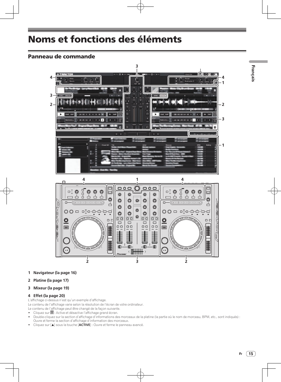 Panneau de commande, Noms et fonctions des éléments, Français | Push | Pioneer DDJ-T1 User Manual | Page 45 / 96