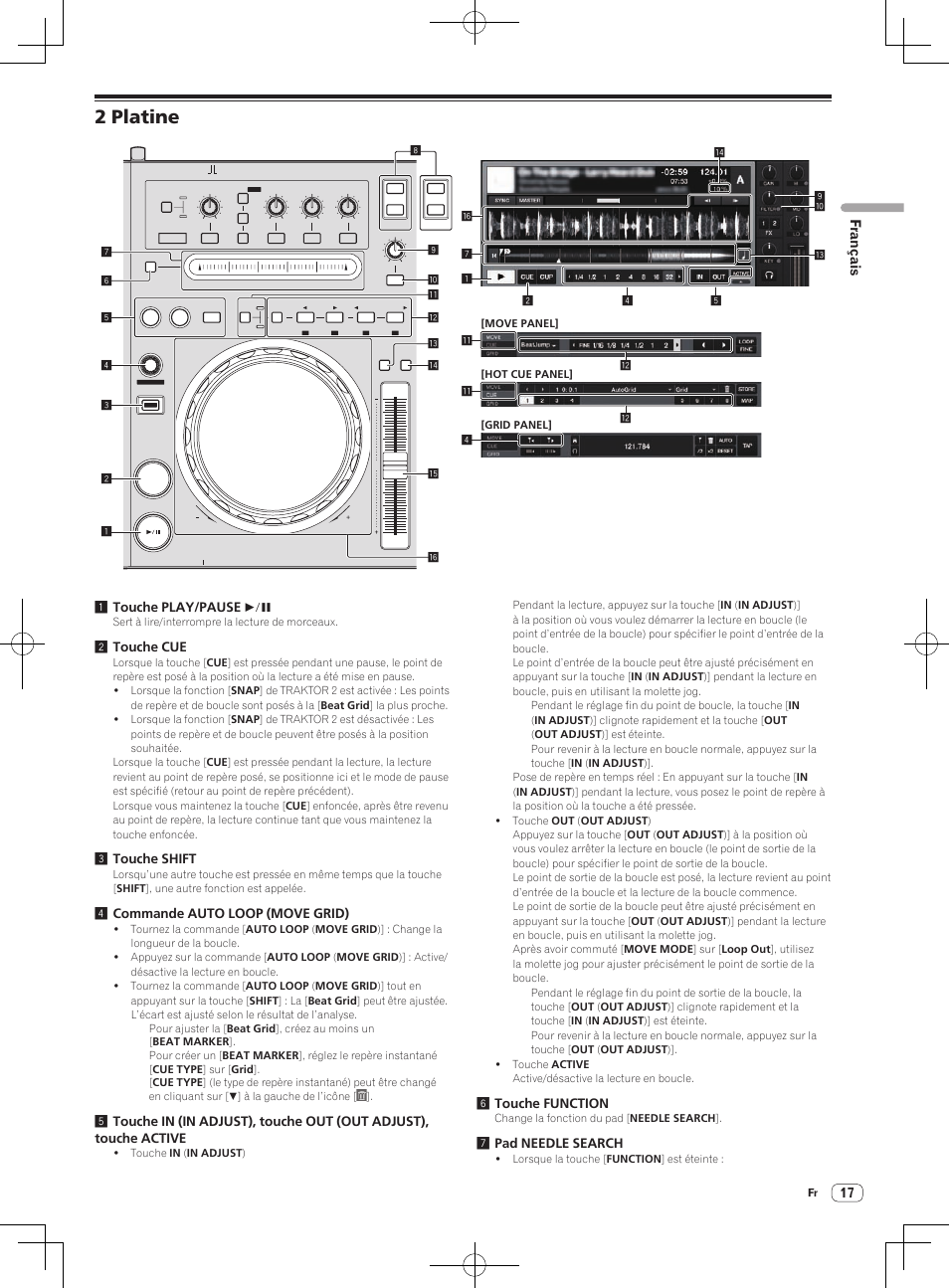 2 platine, Français, 1touche play/pause f | 2touche cue, 3touche shift, 4commande auto loop (move grid), 6touche function, 7pad needle search | Pioneer DDJ-T1 User Manual | Page 47 / 96