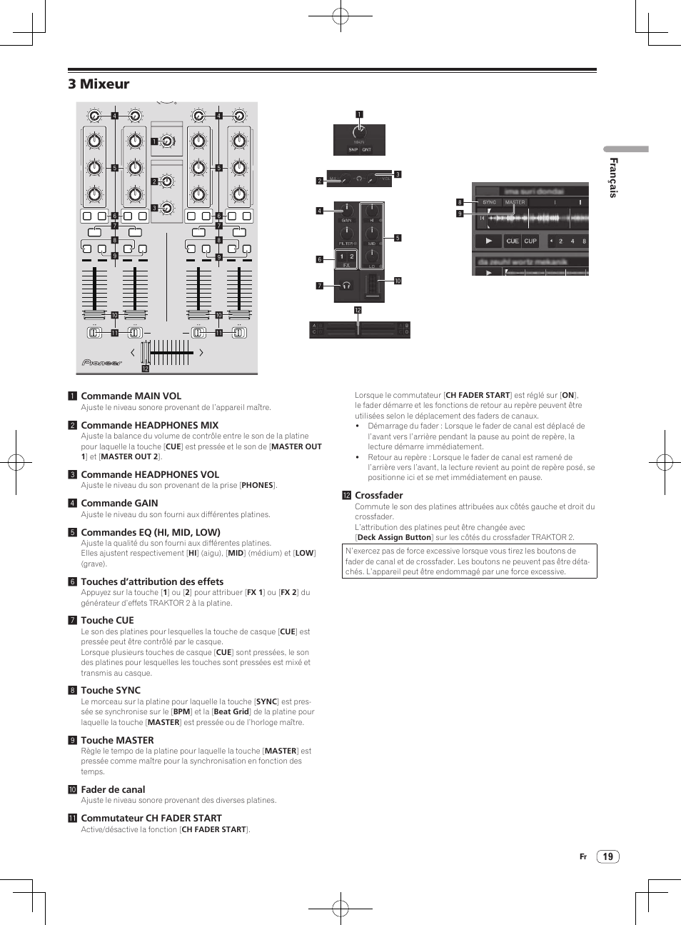 3 mixeur, Français, 1commande main vol | 2commande headphones mix, 3commande headphones vol, 4commande gain, 5commandes eq (hi, mid, low), 6touches d’attribution des effets, 7touche cue, 8touche sync | Pioneer DDJ-T1 User Manual | Page 49 / 96