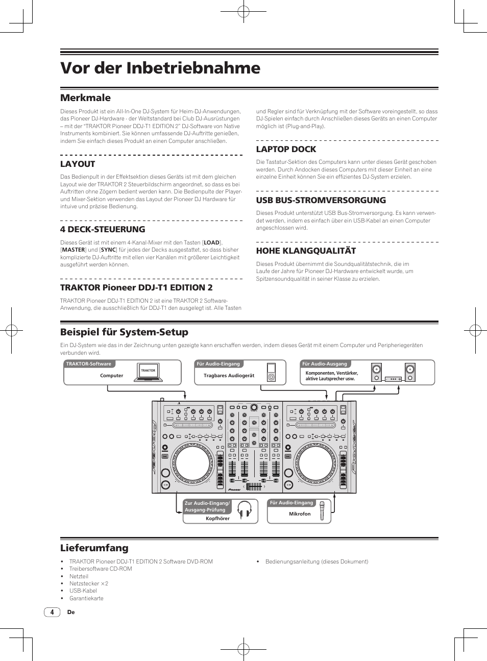 Merkmale beispiel für system-setup lieferumfang, Vor der inbetriebnahme, Merkmale | Beispiel für system-setup, Lieferumfang, Layout, 4 deck-steuerung, Traktor pioneer ddj-t1 edition 2, Laptop dock, Usb bus-stromversorgung | Pioneer DDJ-T1 User Manual | Page 64 / 96