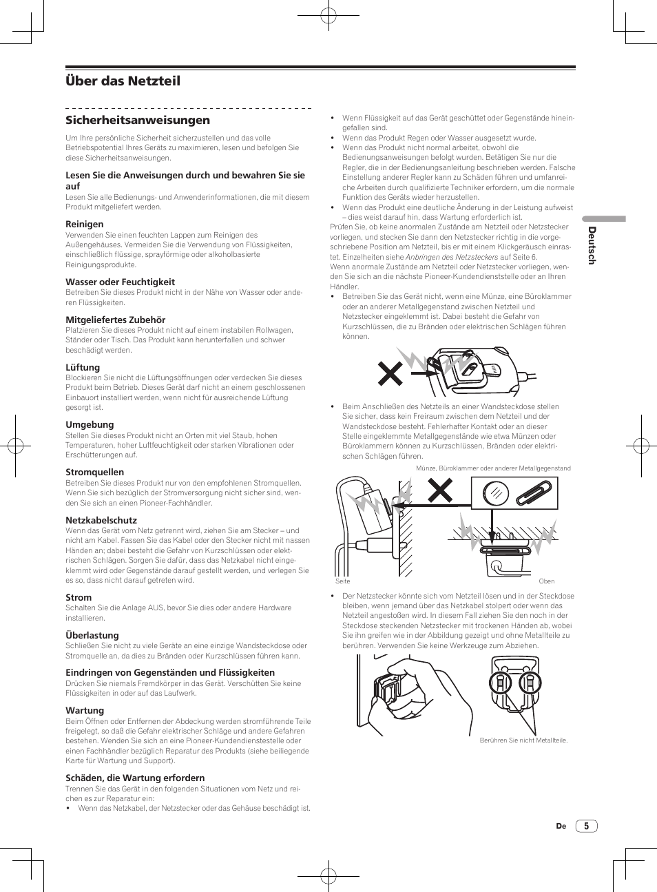 Über das netzteil, Sicherheitsanweisungen | Pioneer DDJ-T1 User Manual | Page 65 / 96