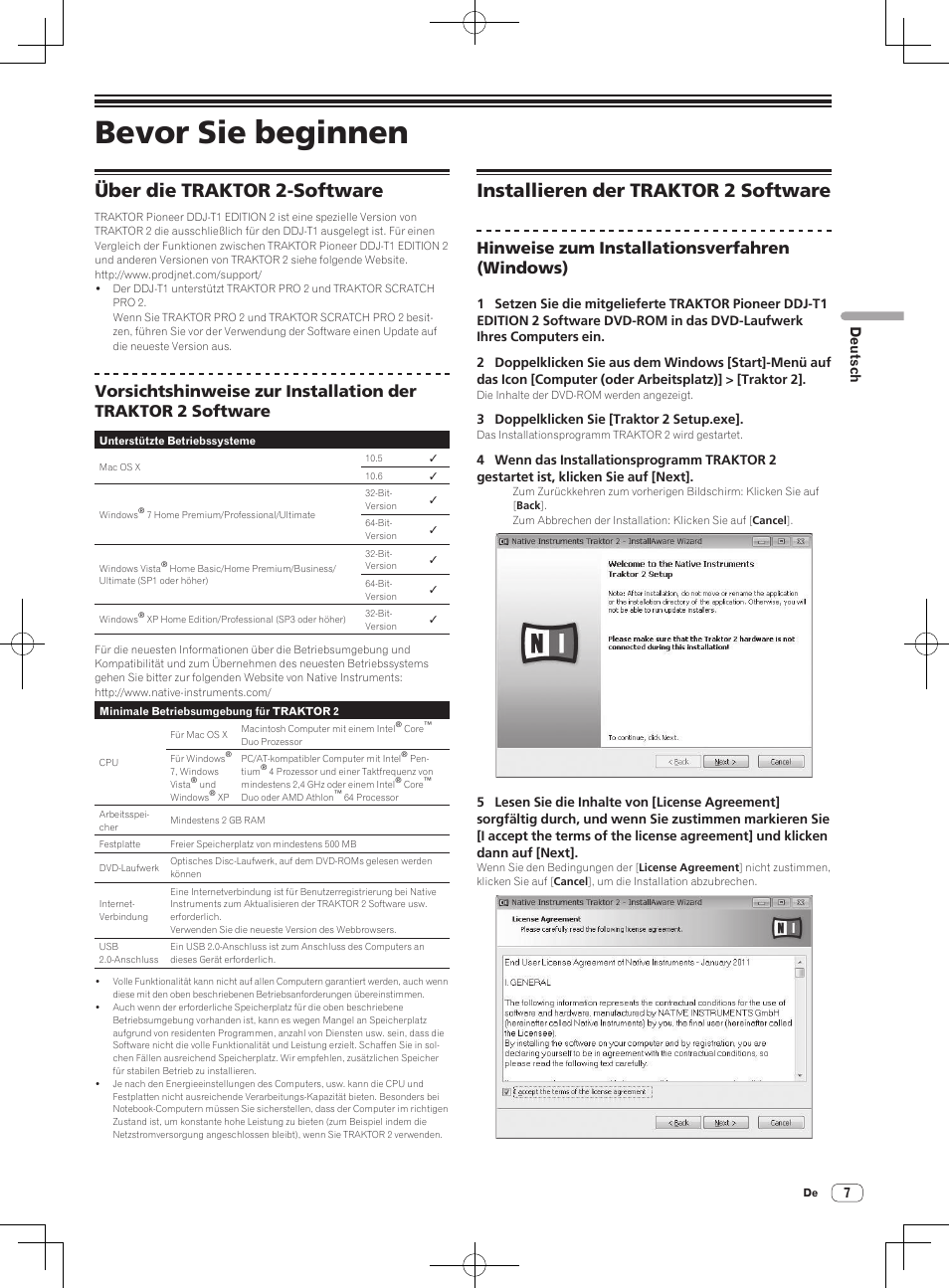 Bevor sie beginnen, Über die traktor 2-software, Installieren der traktor 2 software | Hinweise zum installationsverfahren (windows), Deutsch | Pioneer DDJ-T1 User Manual | Page 67 / 96