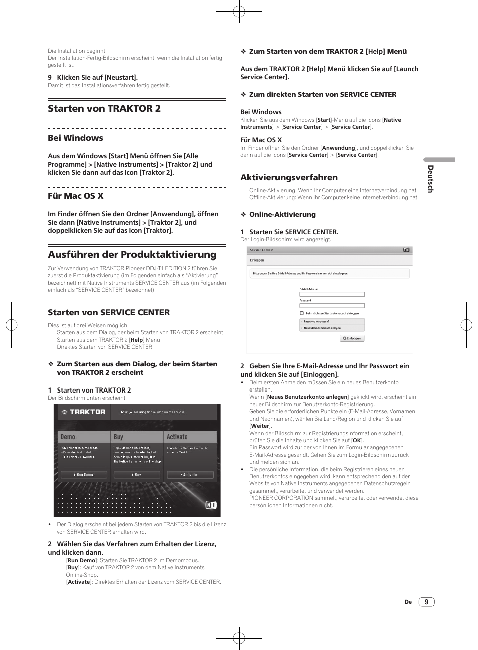 Starten von traktor 2, Ausführen der produktaktivierung, Bei windows | Für mac os x, Starten von service center, Aktivierungsverfahren | Pioneer DDJ-T1 User Manual | Page 69 / 96