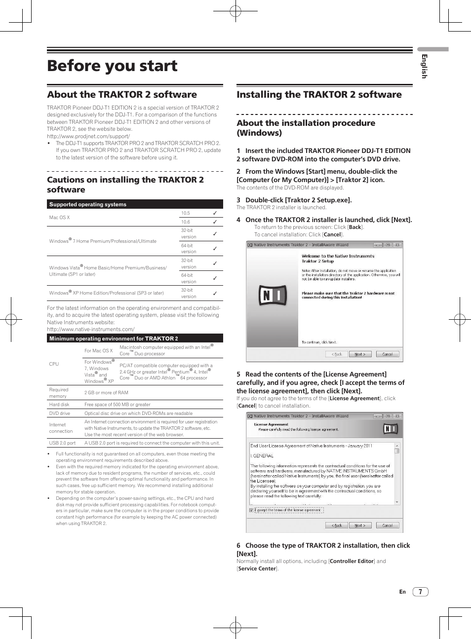Before you start, About the traktor 2 software, Installing the traktor 2 software | Cautions on installing the traktor 2 software, About the installation procedure (windows), English | Pioneer DDJ-T1 User Manual | Page 7 / 96