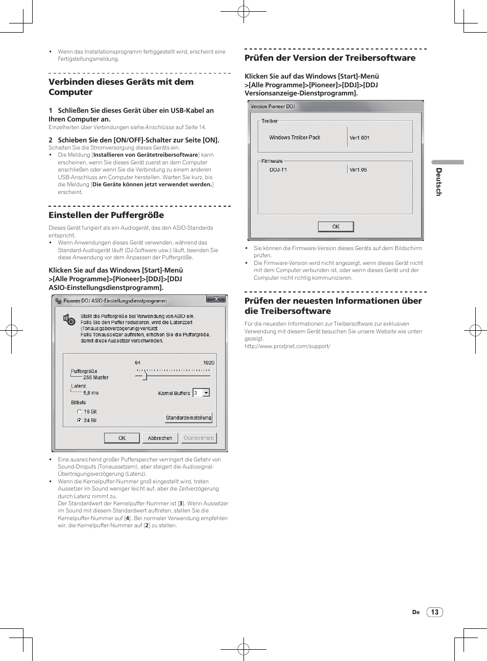 Verbinden dieses geräts mit dem computer, Einstellen der puffergröße, Prüfen der version der treibersoftware | Pioneer DDJ-T1 User Manual | Page 73 / 96