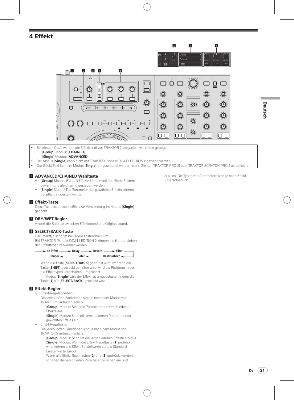 4 effekt, Deutsch, 1advanced/chained wahltaste | 2effekt-taste, 3dry/wet regler, 4select/back-taste, 5effekt-regler | Pioneer DDJ-T1 User Manual | Page 81 / 96