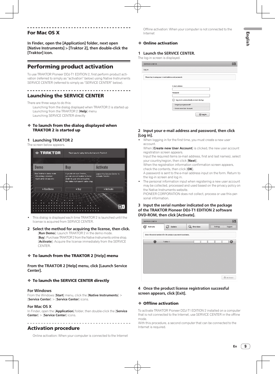Performing product activation, For mac os x, Launching the service center | Activation procedure | Pioneer DDJ-T1 User Manual | Page 9 / 96