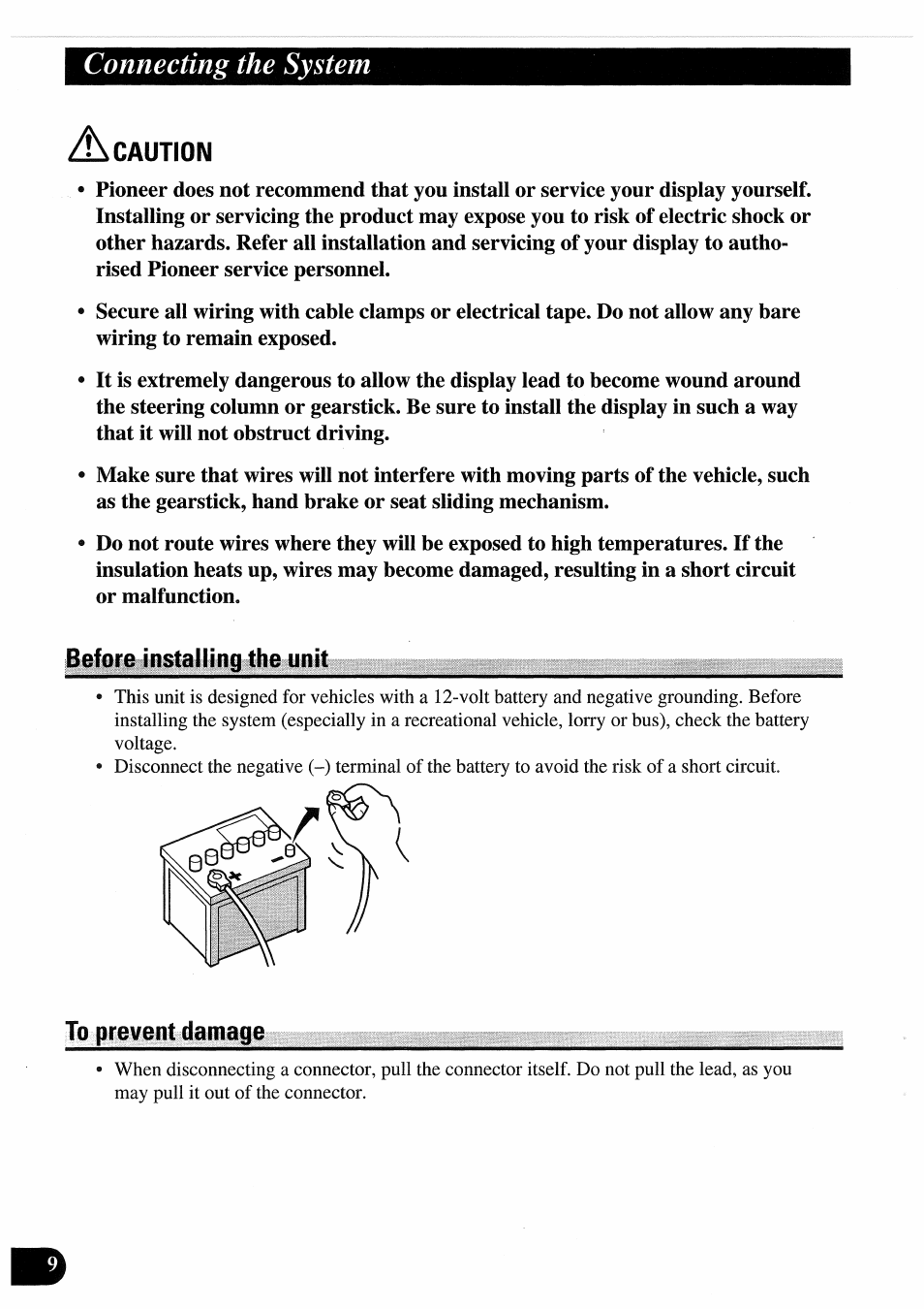 Zbi caution, Before installing the unit, To prevent damage | Before installing the unit to prevent damage, Connecting the system | Pioneer AVD-505 User Manual | Page 10 / 110