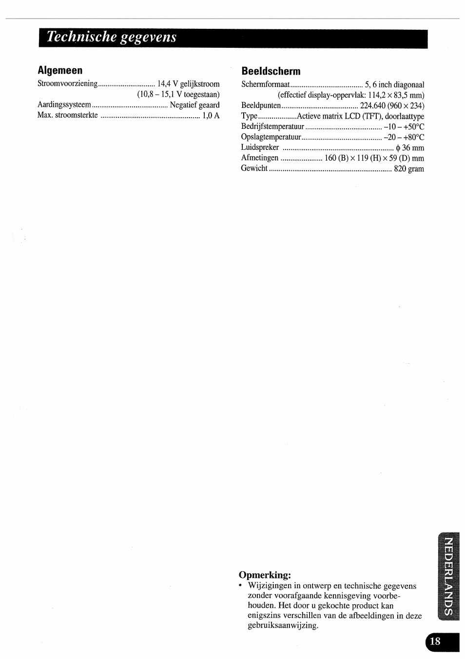 Technische gegevens, Opmerking | Pioneer AVD-505 User Manual | Page 109 / 110