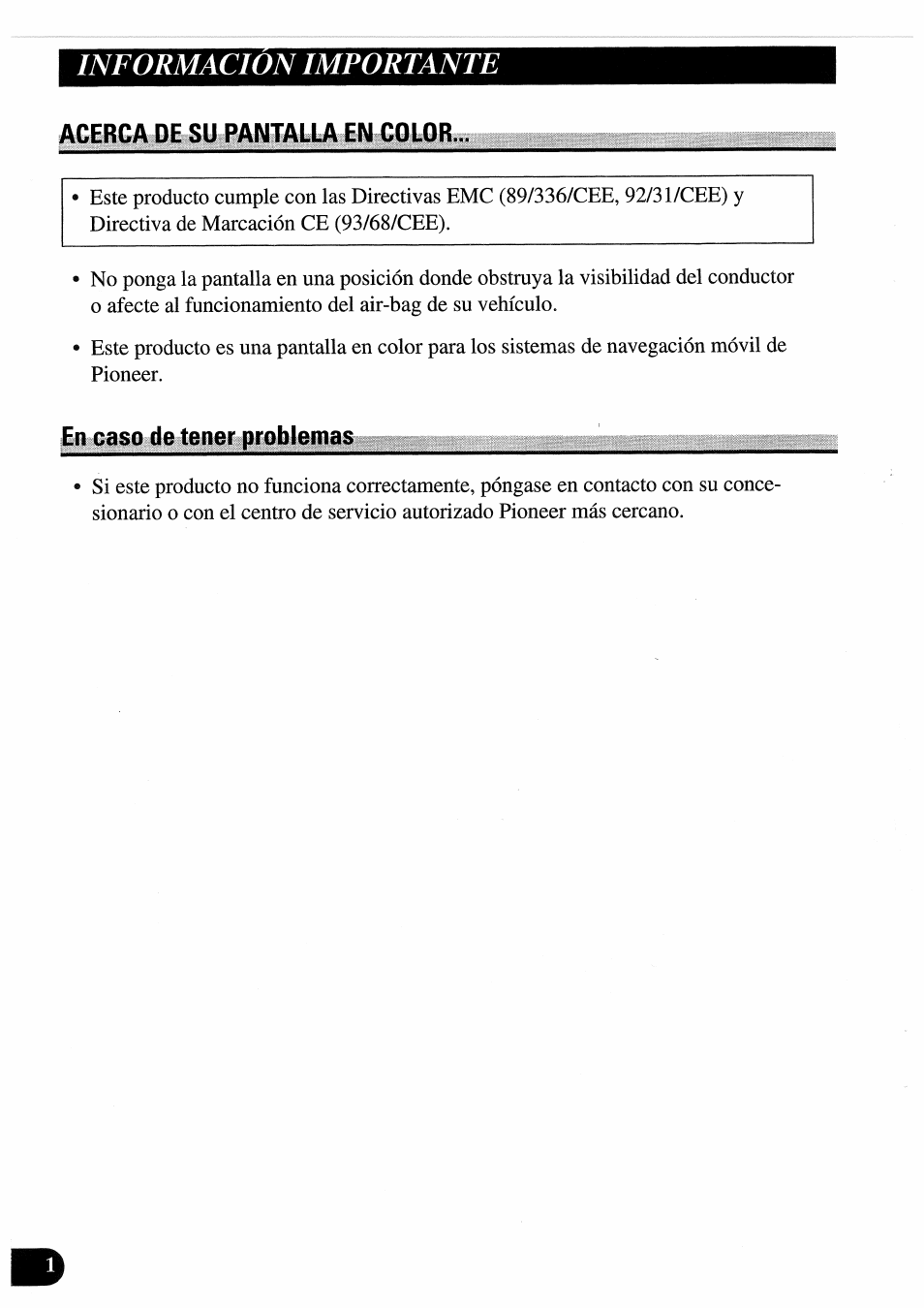 Acerca de su pantalla en color, En caso de tener problemas, Informacion importante | Pioneer AVD-505 User Manual | Page 20 / 110