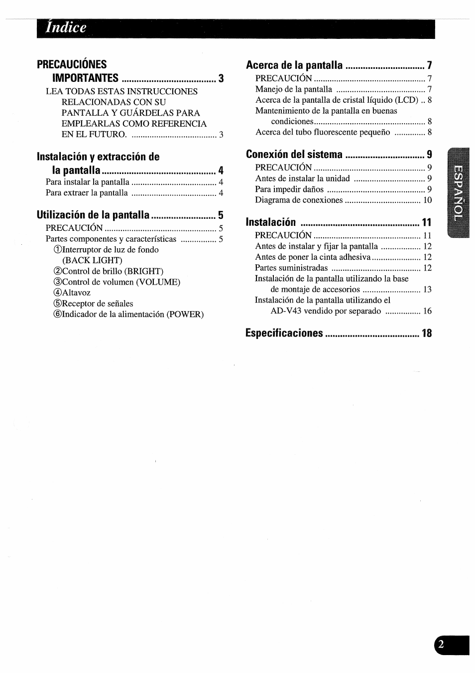 Indice | Pioneer AVD-505 User Manual | Page 21 / 110
