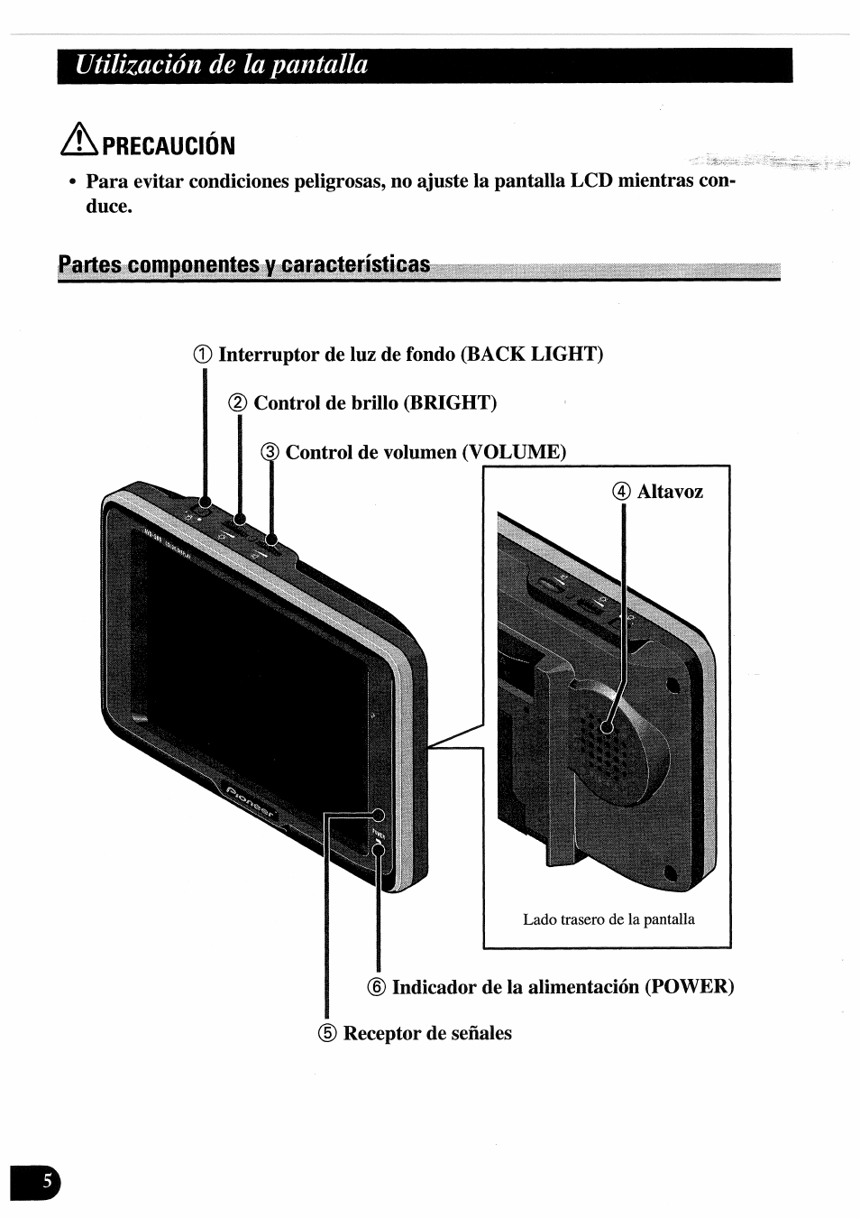 Precaucion, Partes componentes y características, Precaución partes componentes y características | Utilización de la pantalla | Pioneer AVD-505 User Manual | Page 24 / 110