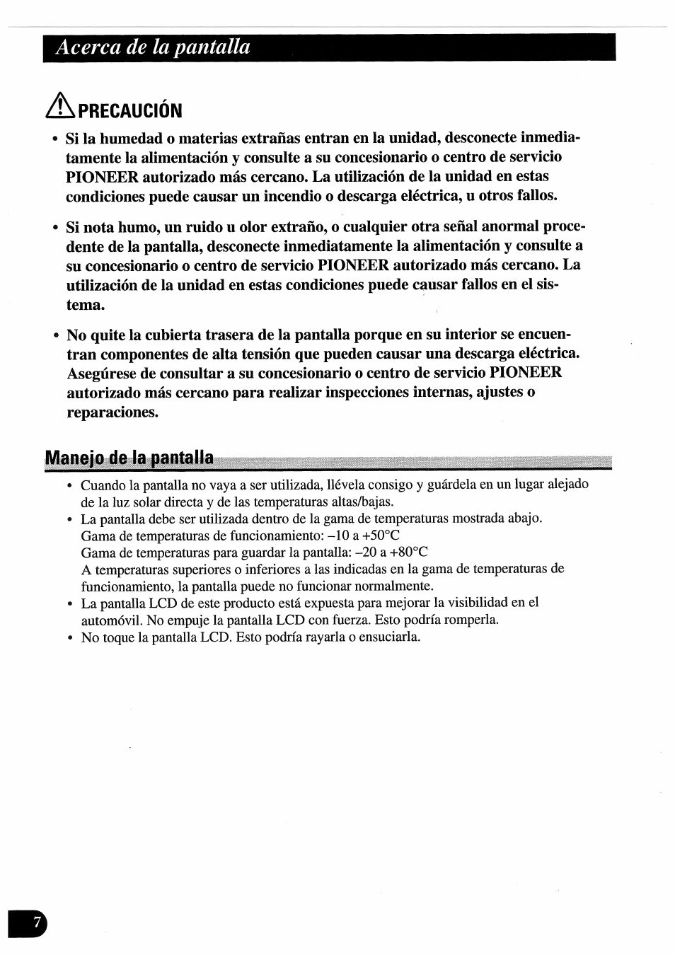 A precaución, Manejo de la pantalla, Acerca de la pantalla | Precaución | Pioneer AVD-505 User Manual | Page 26 / 110