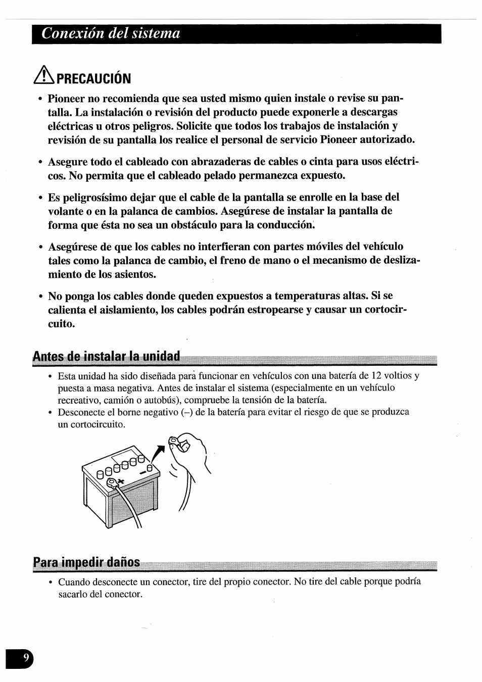 Precaucion, Antes de instalar la unidad, Precaución | Conexión del sistema | Pioneer AVD-505 User Manual | Page 28 / 110