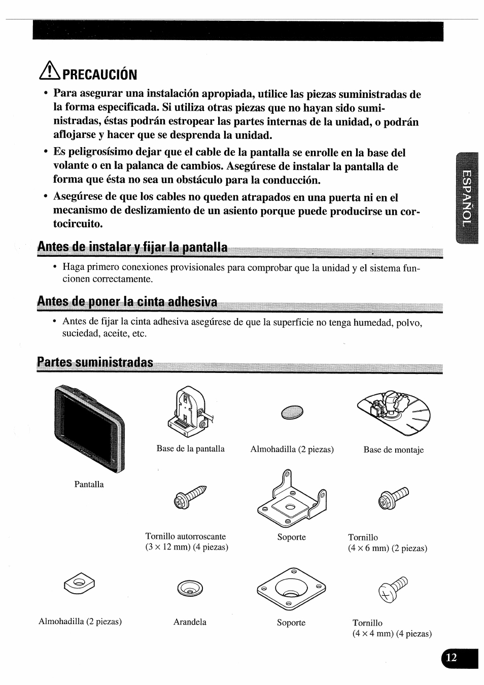 A precaución, Antes de instalar y fijar la pantalla, Partes suministradas | Ant6s«dein@nefcleidiintaiadli^ímeiii«i.»«i»m | Pioneer AVD-505 User Manual | Page 31 / 110