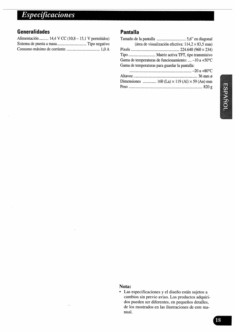 Especificaciones | Pioneer AVD-505 User Manual | Page 37 / 110