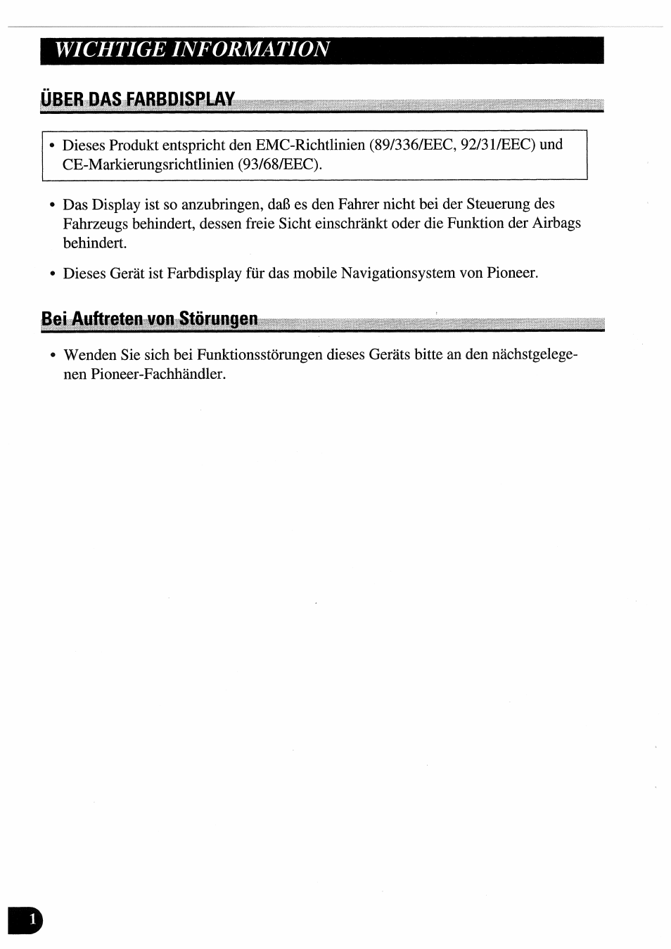 Über das farbdisplay, Bei auftreten von störungen, Wichtige information | Pioneer AVD-505 User Manual | Page 38 / 110