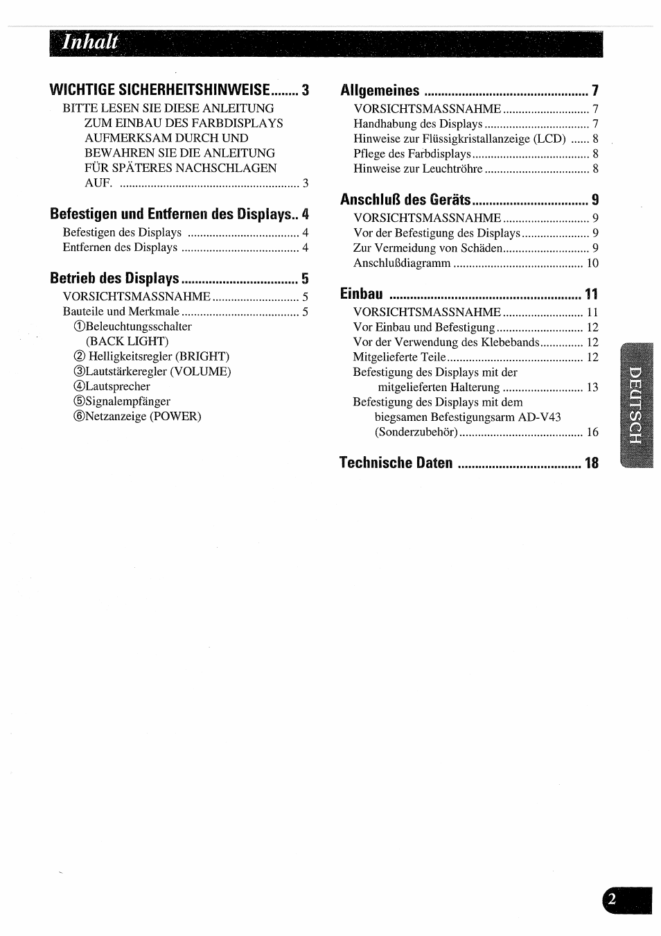 Inhalt | Pioneer AVD-505 User Manual | Page 39 / 110