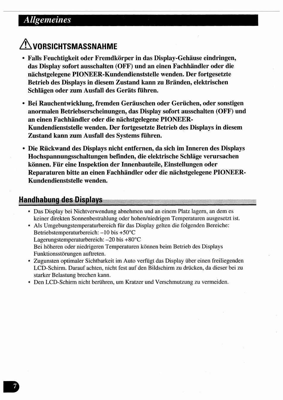 Handhabung des displays, Allgemeines | Pioneer AVD-505 User Manual | Page 44 / 110