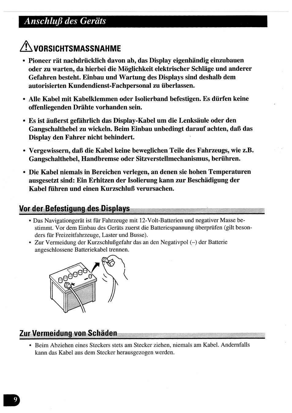 Vor der befestigung des displays, Zur vermeidung von schäden, Anschluß des geräts | Pioneer AVD-505 User Manual | Page 46 / 110