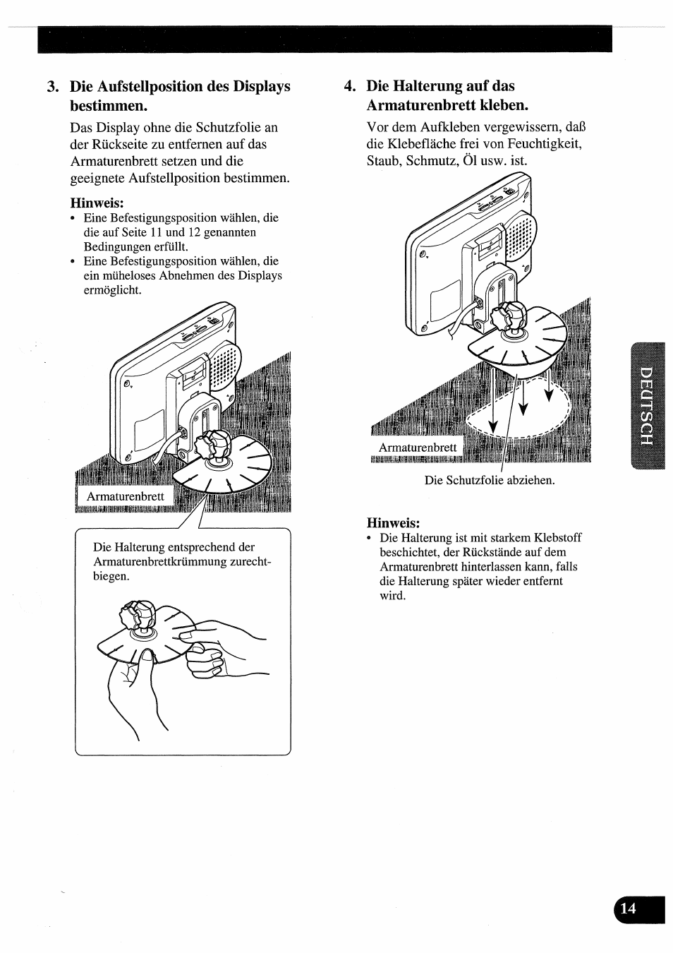 Die aufstellposition des displays bestimmen, Die halterung auf das armaturenbrett kleben | Pioneer AVD-505 User Manual | Page 51 / 110