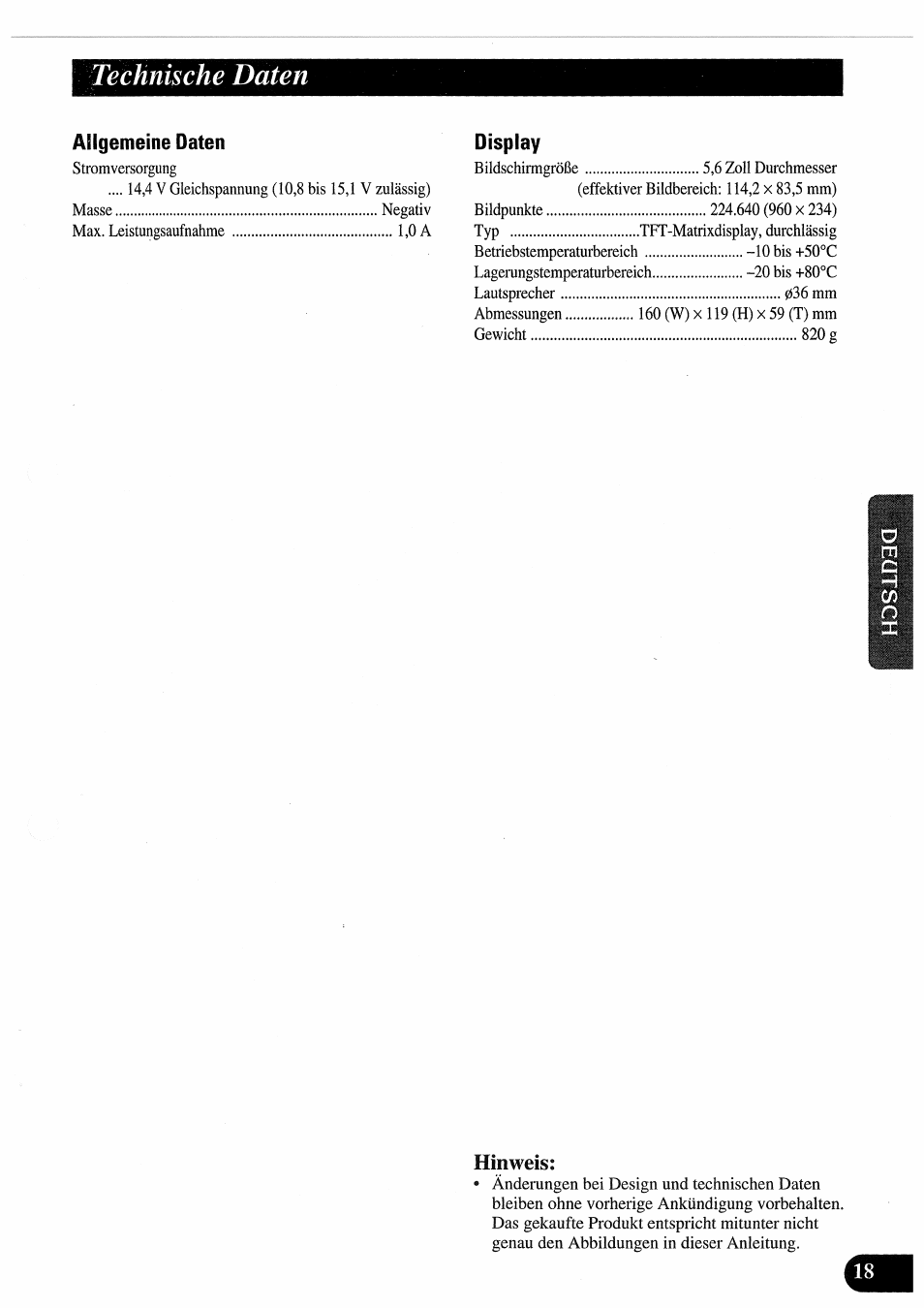 Technische daten, Hinweis | Pioneer AVD-505 User Manual | Page 55 / 110