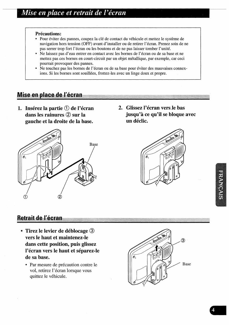 Mise en place de técran, Retrait de técran, Mise en place de l’écran | Retrait de l’écran, Mise en place et retrait de vécran | Pioneer AVD-505 User Manual | Page 59 / 110