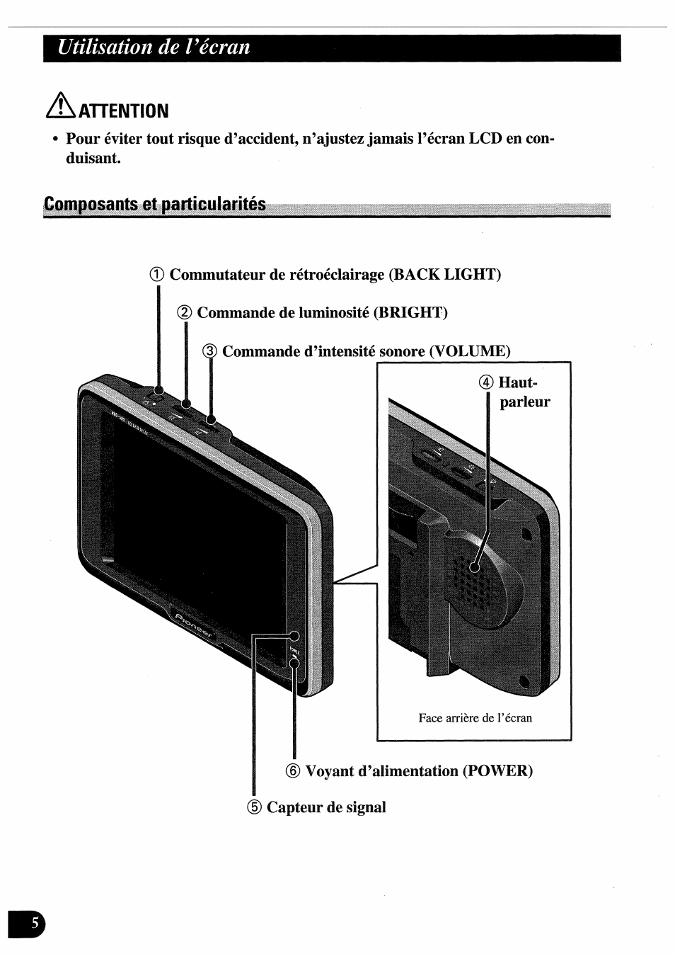 Zl^ahention, Composants et particularités, Utilisation de vécran | Pioneer AVD-505 User Manual | Page 60 / 110