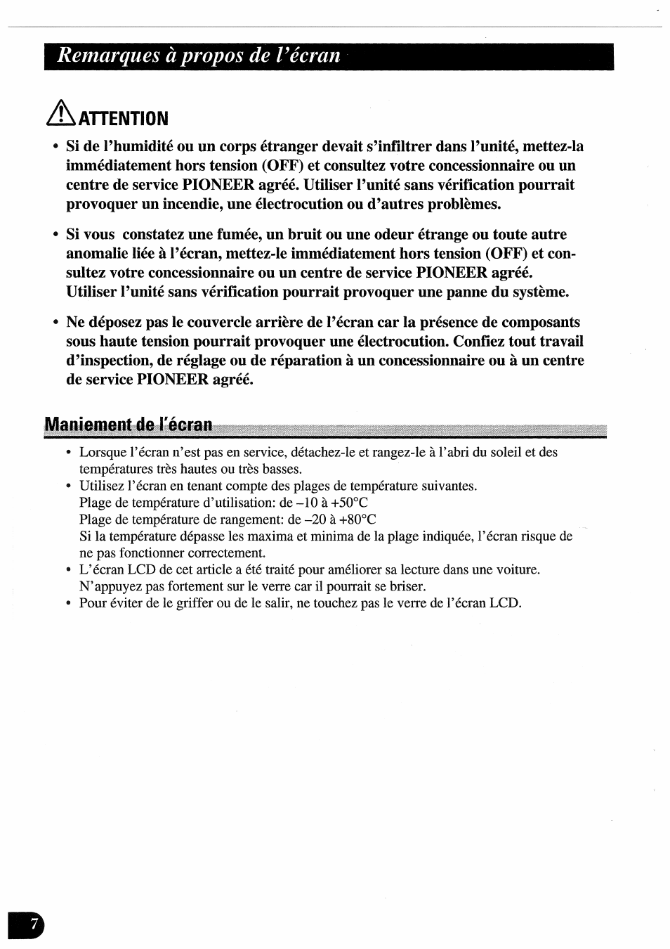 Maniement de récran, Maniement de l’écran, Remarques à propos de récran | Pioneer AVD-505 User Manual | Page 62 / 110