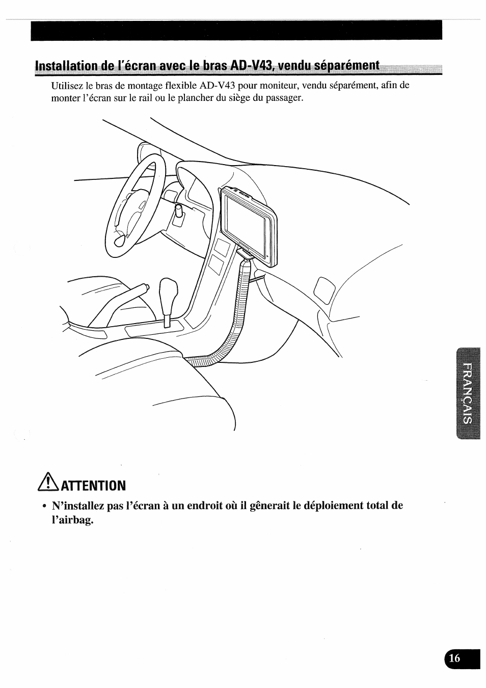 Installation de l’écran avec le bras ad-v43, Vendu séparément | Pioneer AVD-505 User Manual | Page 71 / 110