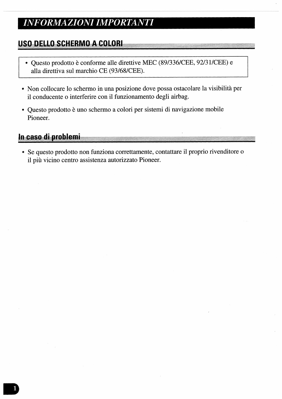 Uso dello schermo a colori, In caso di problemi, Informazioni importanti | Pioneer AVD-505 User Manual | Page 74 / 110