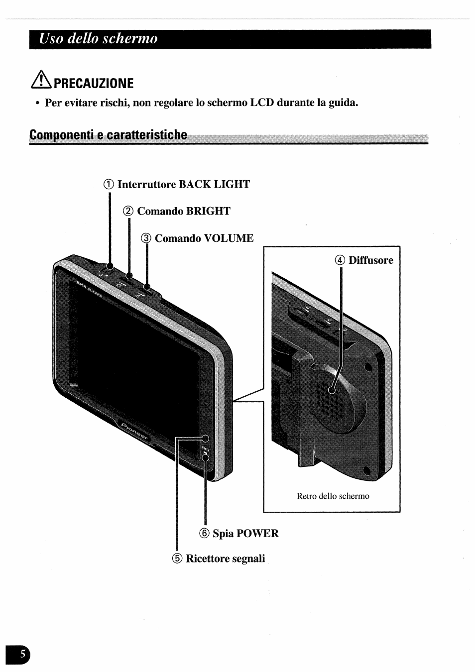 A precauzione, Componenti e oaratteristiche, Componenti e caratteristiche | Precauzione, Uso dello schermo | Pioneer AVD-505 User Manual | Page 78 / 110